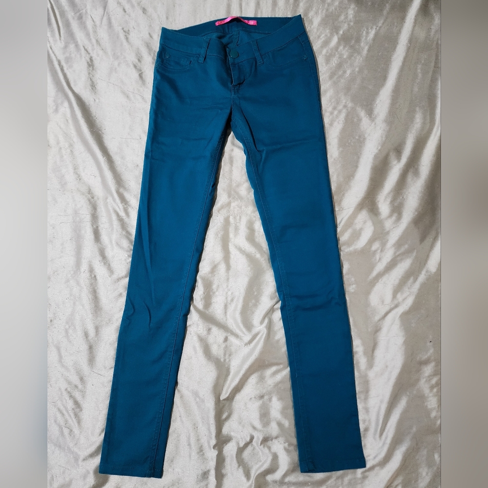 Junior's Tinseltown Denim Couture Teal Stretch Low Waist Skinny Jeans